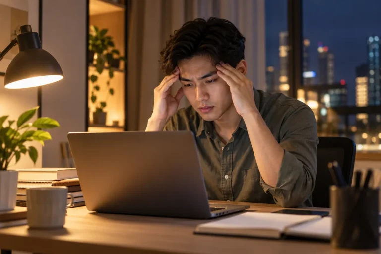 Stressed young man working on a laptop in the evening