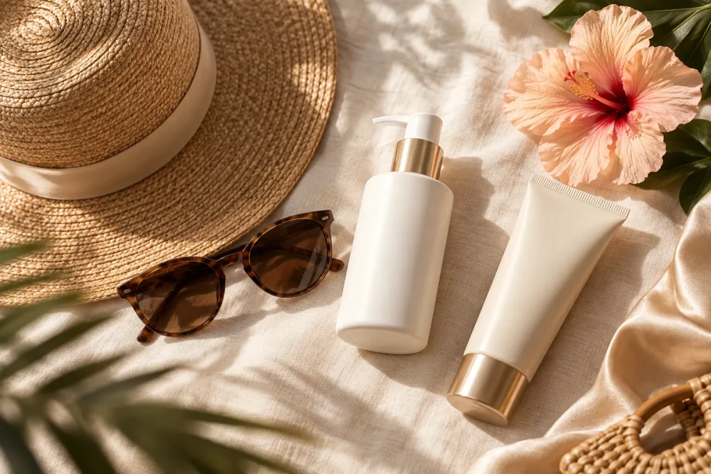 Flat-lay of a straw hat, sunglasses and unlabelled skincare on linen
