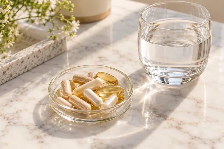 Supplement capsules in a dish beside a glass of water
