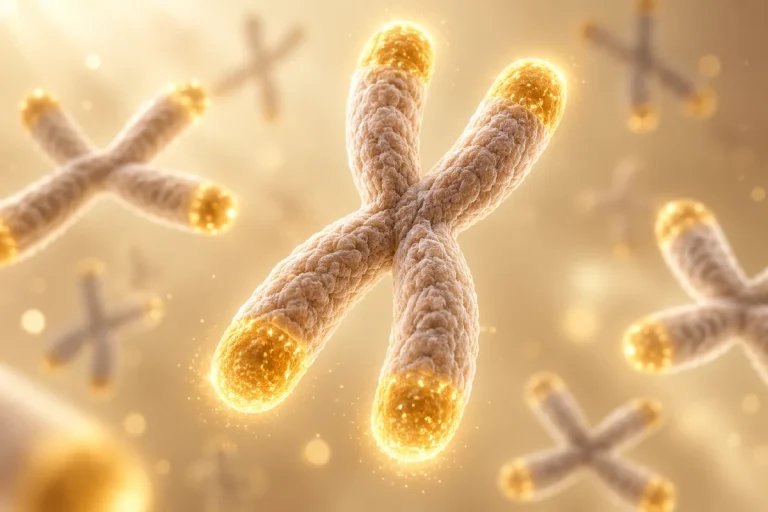 Illustration of chromosomes with glowing telomere ends