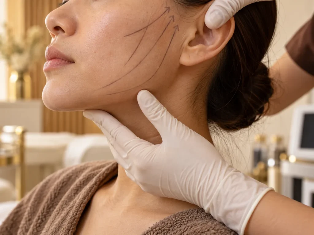 Jawline in profile with fine marker lines showing lift direction