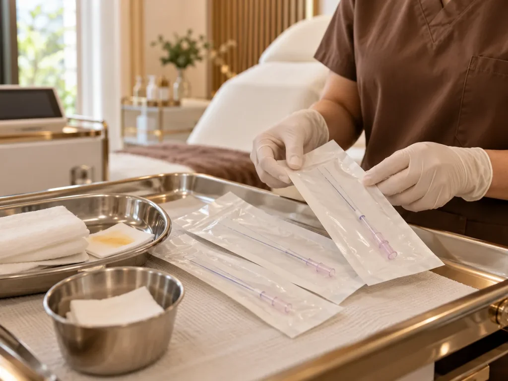Sterile sealed thread-lift packs on a clinic tray