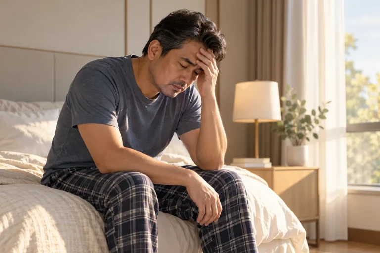 Tired man sitting on the edge of a bed in the morning