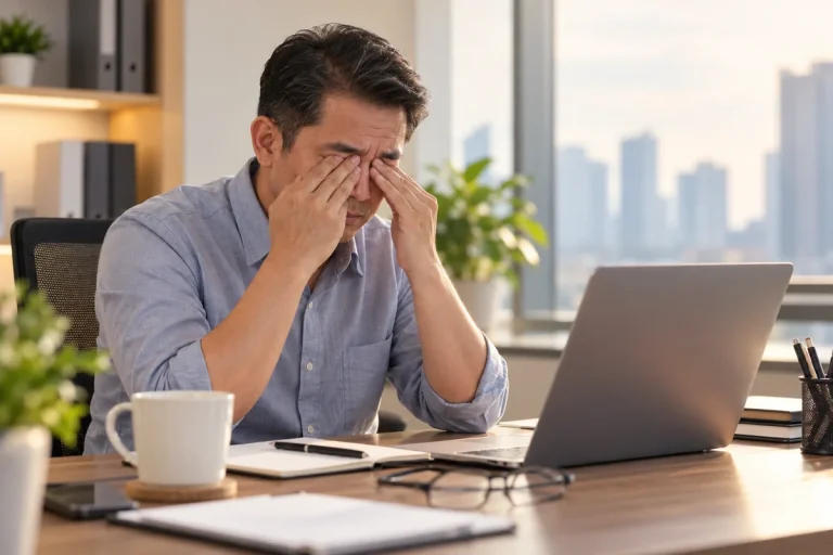 Tired man rubbing his eyes at his desk