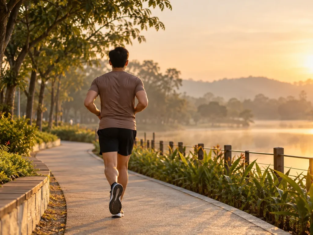 Man jogging at dawn seen from behind
