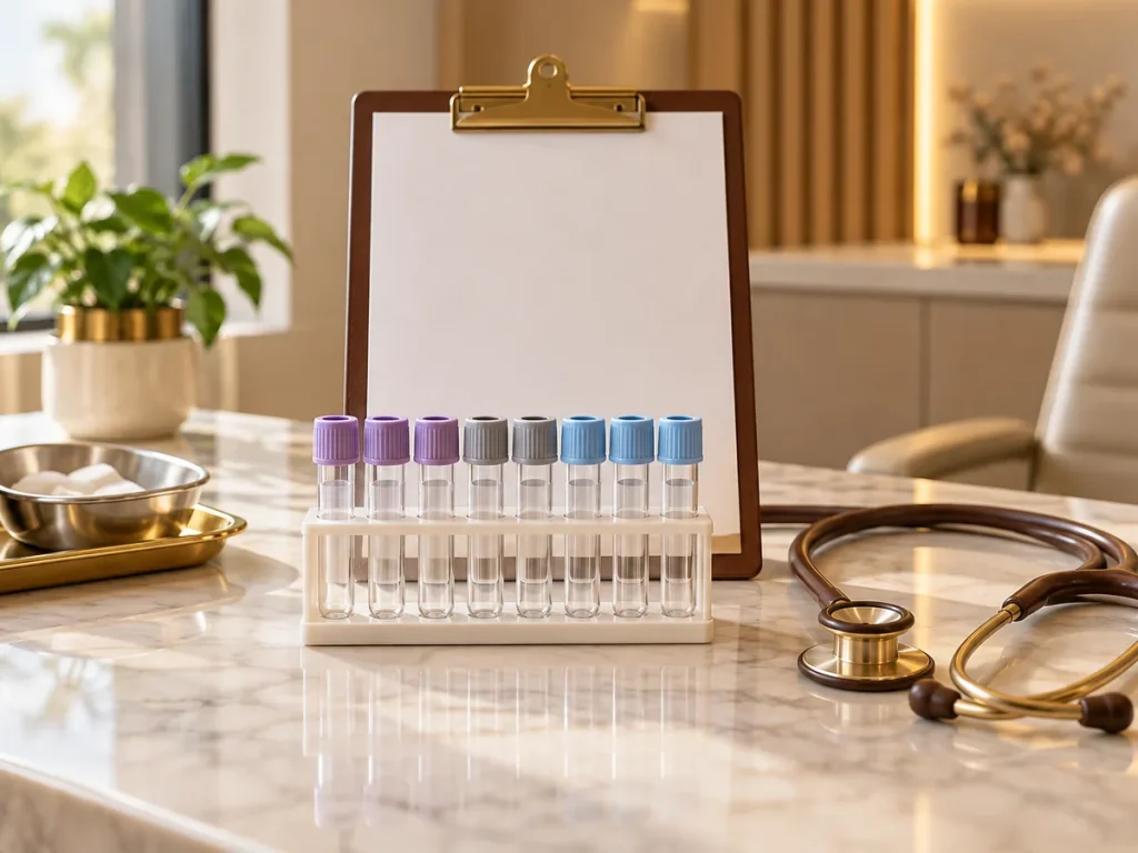 Sample tubes, blank clipboard and stethoscope on a doctor desk