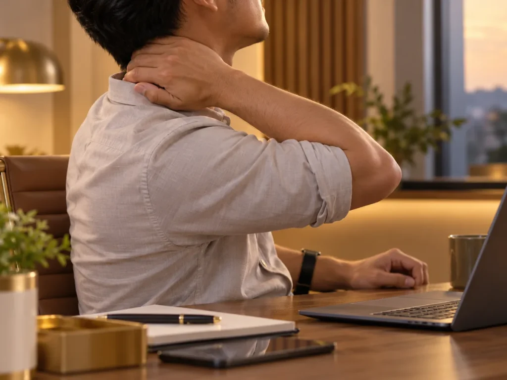 Tired adult man at a desk rubbing his neck in the evening