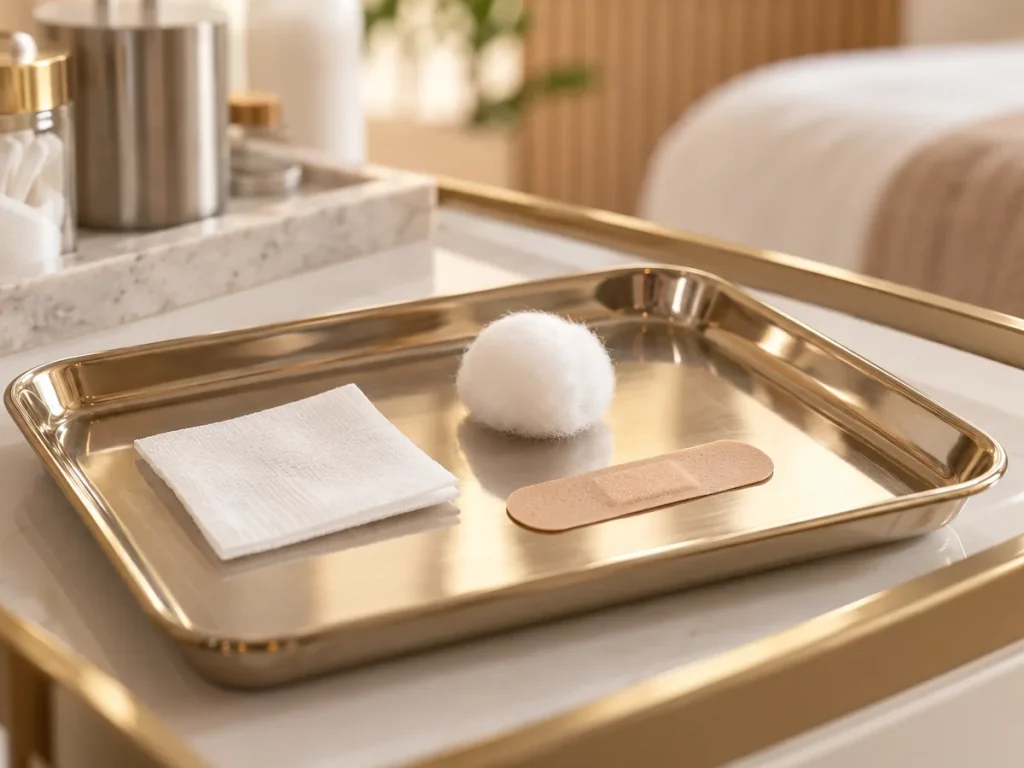 Cotton swab and adhesive plaster on a clinic tray
