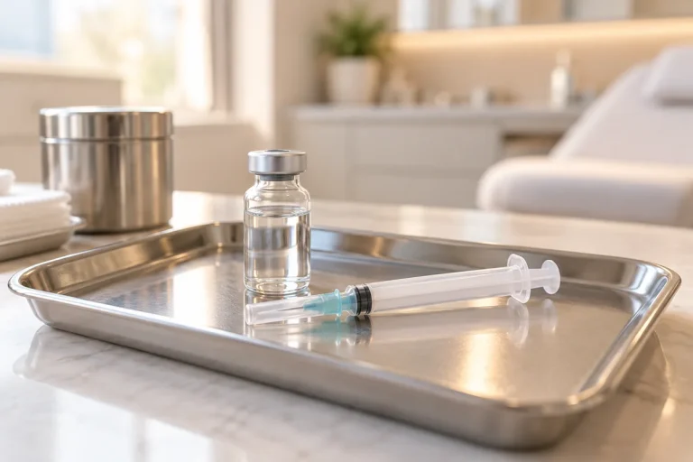 Vaccine vial and syringe on a clean tray