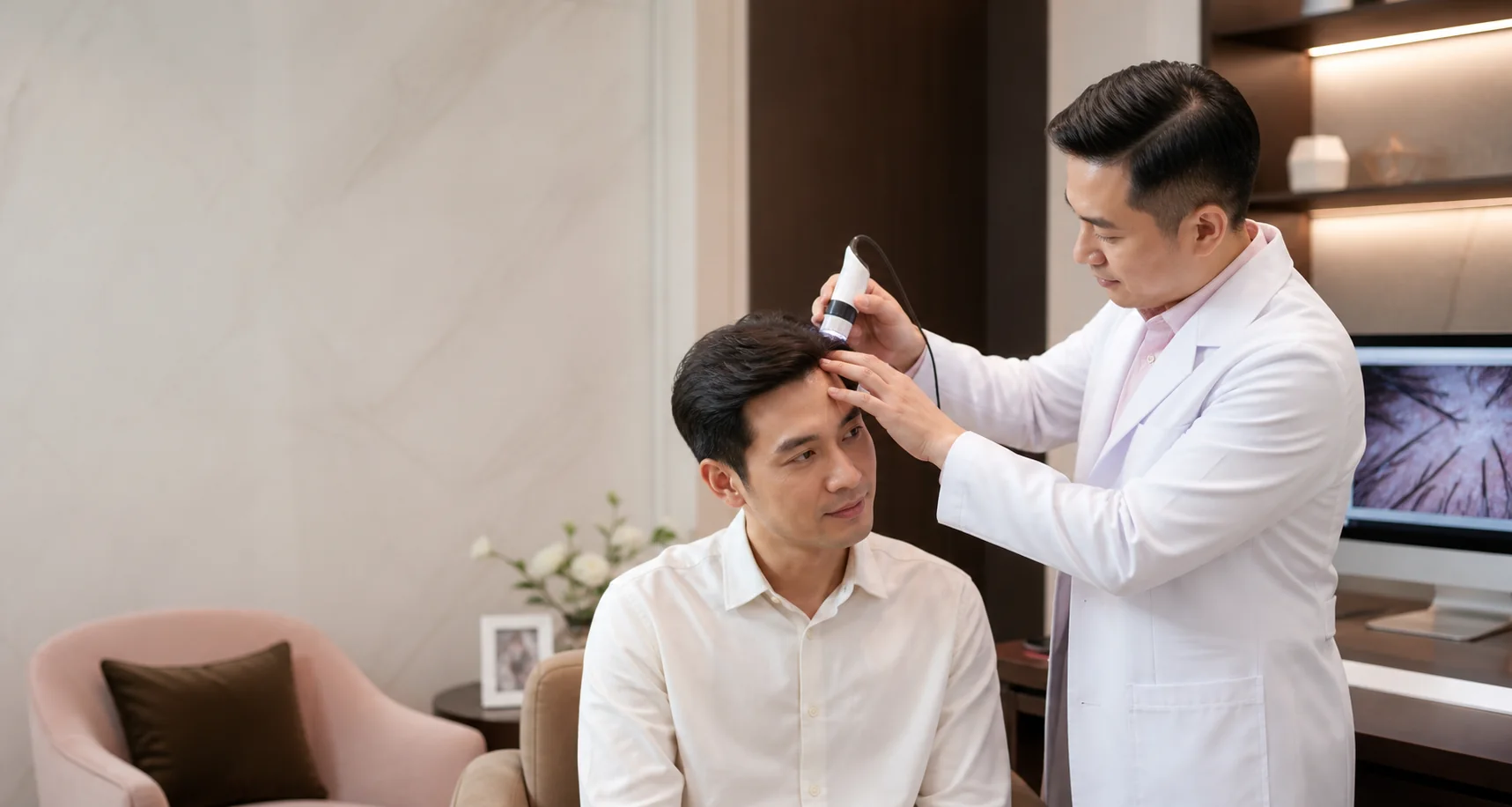 Doctor performing a digital scalp and hair-loss assessment in a private clinic