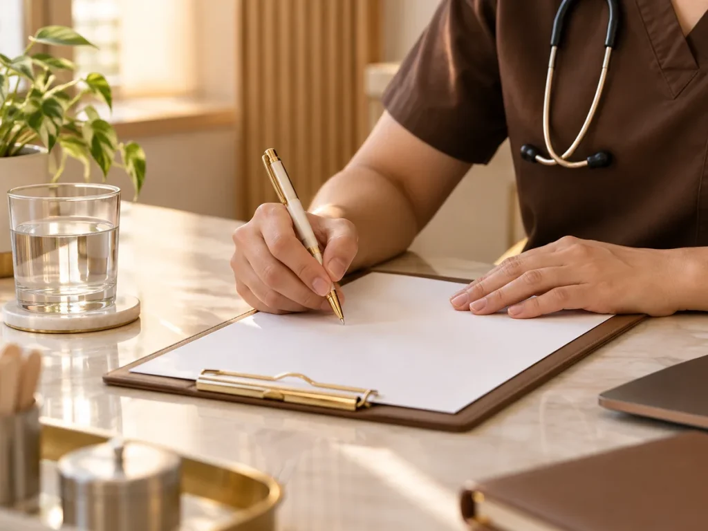 Doctor writing aftercare notes at a desk