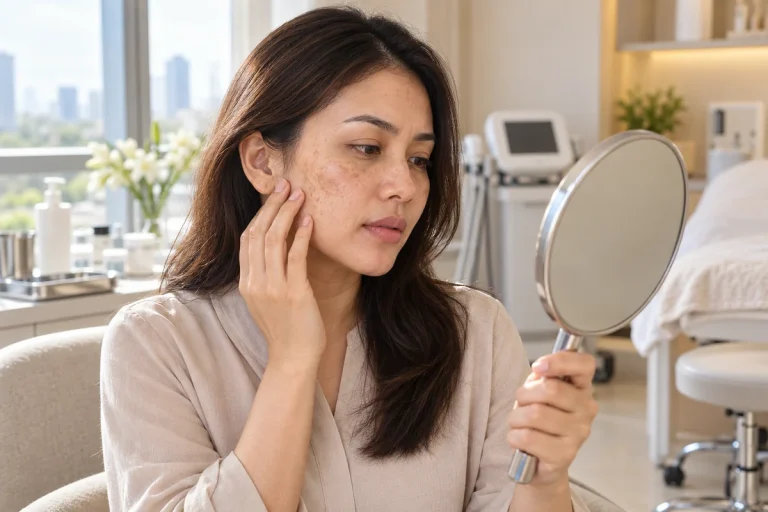 Woman checking sunspots and melasma in a handheld mirror