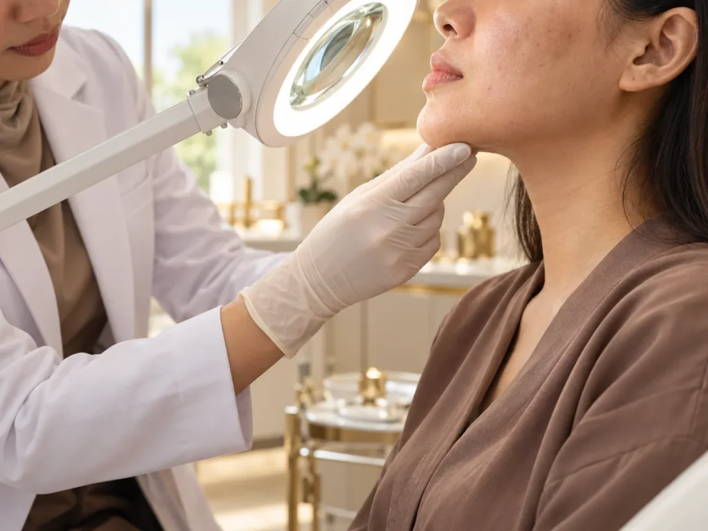Doctor examining a woman’s facial skin with a magnifier lamp