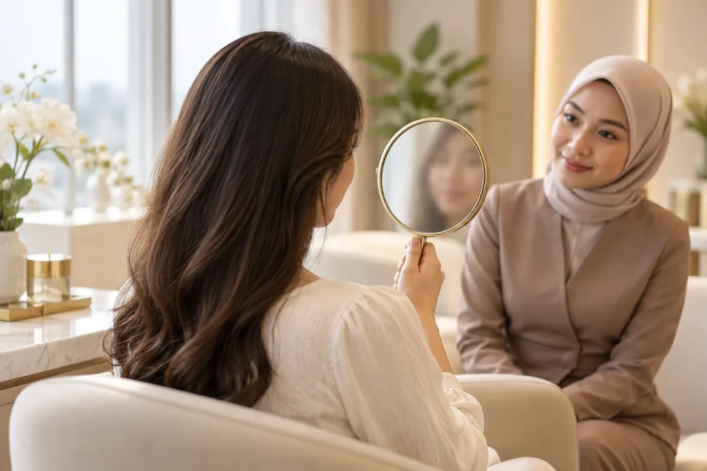 Woman holding a hand mirror during a consultation