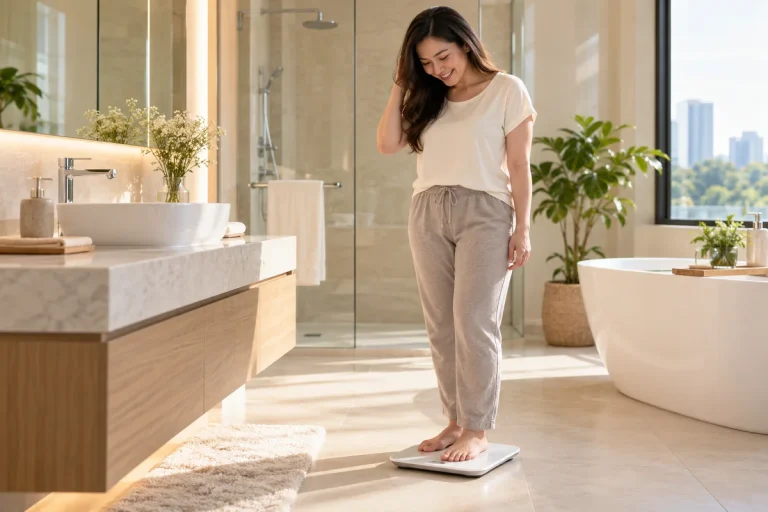 Woman smiling while standing on a bathroom scale