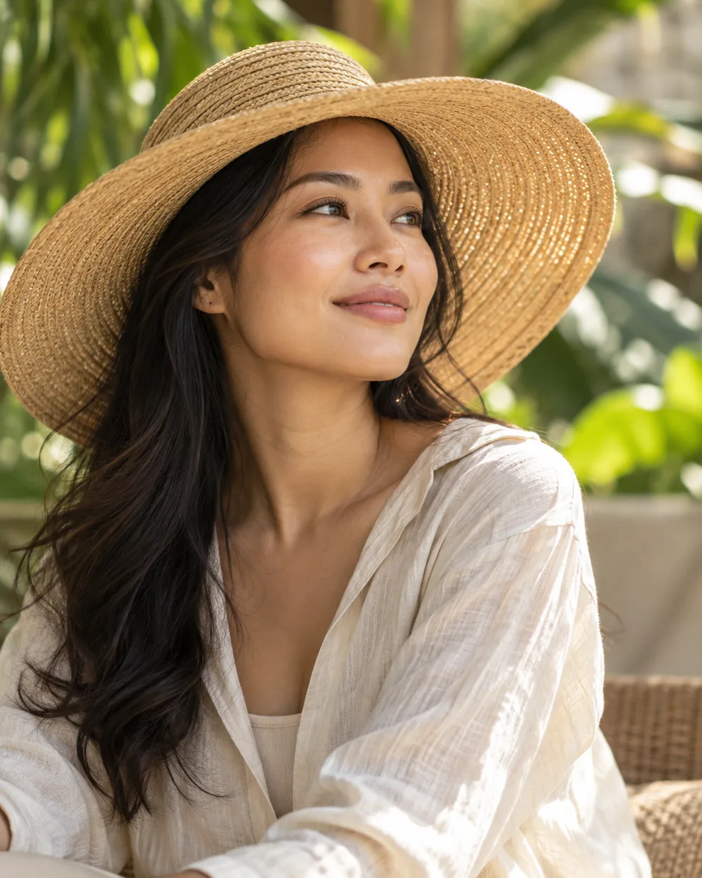 Woman in a wide-brim hat in dappled tropical shade