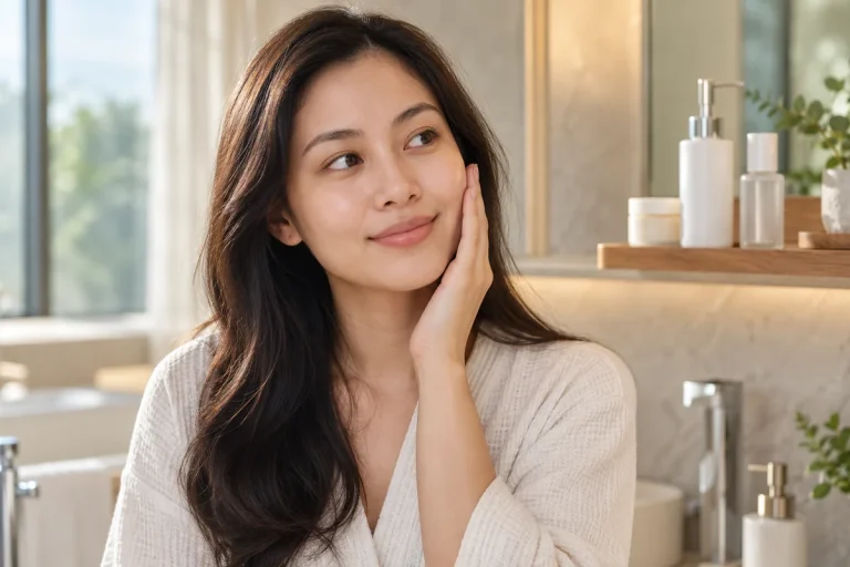 Woman touching her cheek in front of a skincare shelf